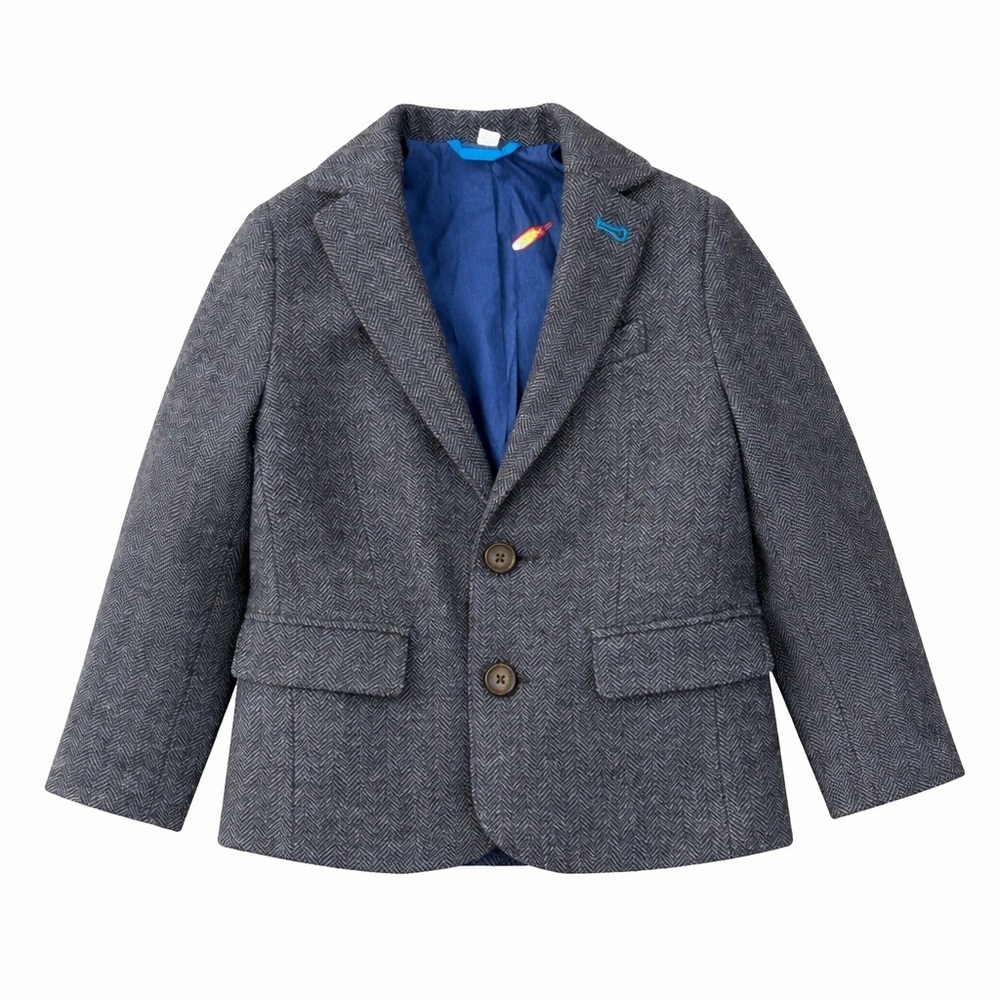 Boden Boys Gray Herringbone Blazer Jacket Blue Lined Size 4 5  school pictures
